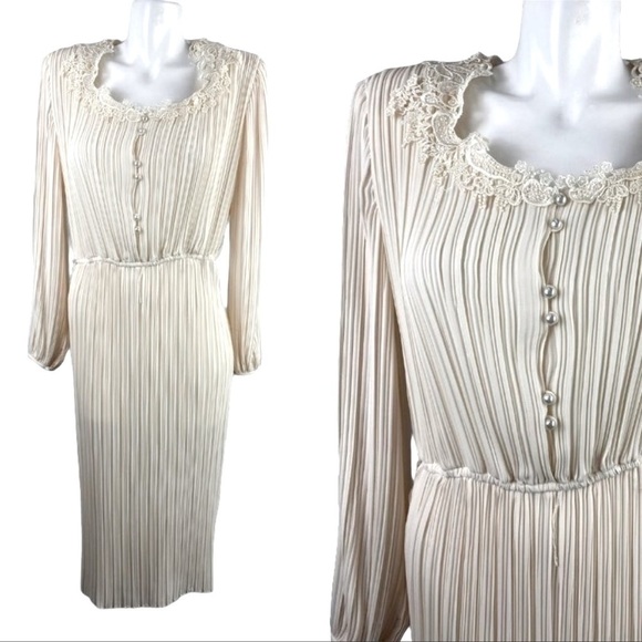 Vtg silky Victorian dress 50s 60s edwardian Cottagecore Lace longsleeve vintage - Picture 7 of 16